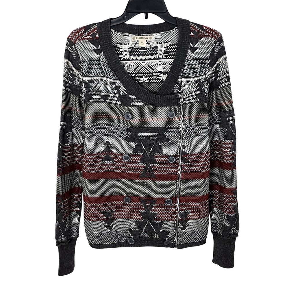 Ruff Hewn Southwestern Aztec Zip Up Knit Sweater Womens Medium Gray Red Green